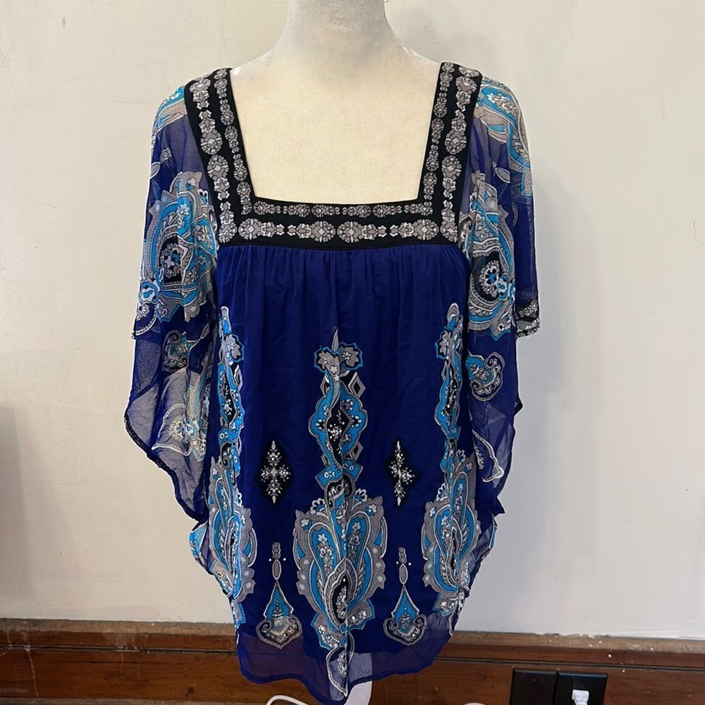 INC International Concepts royal blue black patterned bat wing top Sz S EUC